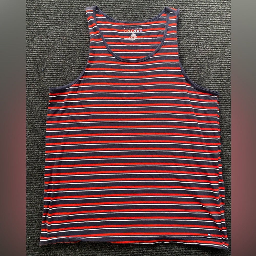 Tommy Hilfiger Navy and Red Striped Sleeveless Tee- Sz XL